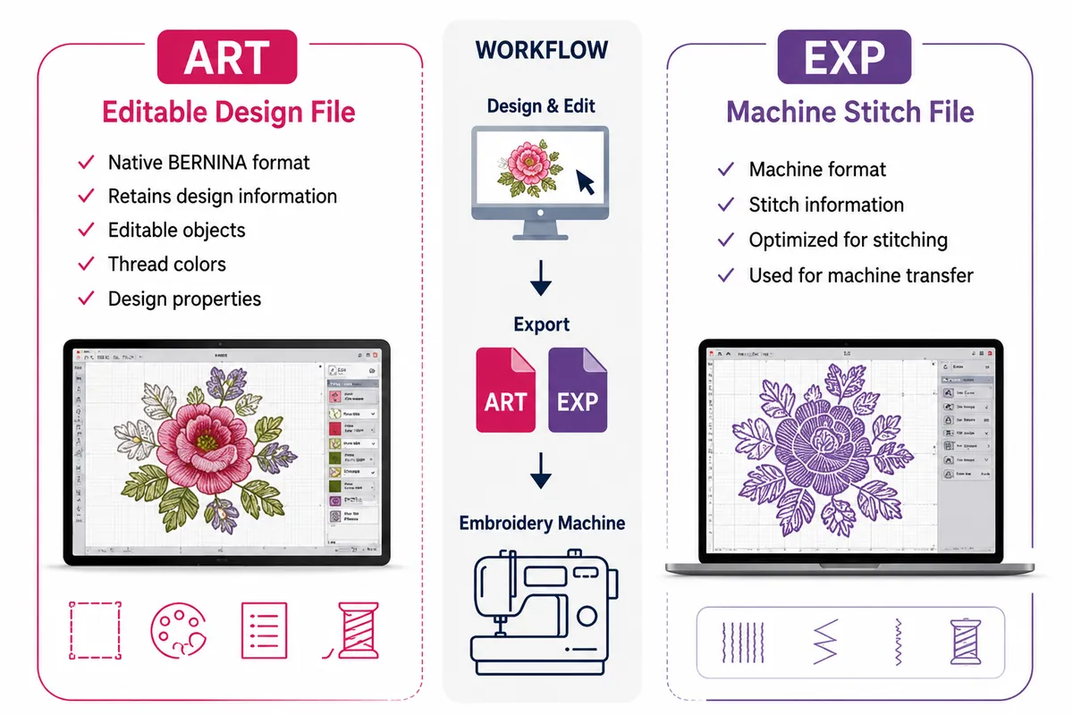 Comparison of BERNINA ART editable design file and EXP machine stitch file with embroidery workflow