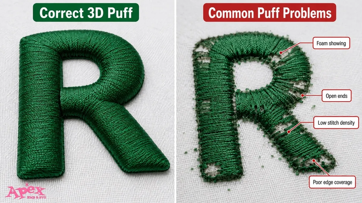 Comparison of clean 3D puff embroidery and common issues including exposed foam, open ends, and low stitch density.
