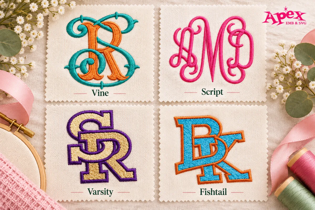 Comparison of vine, script, varsity and fishtail interlocking embroidery font styles