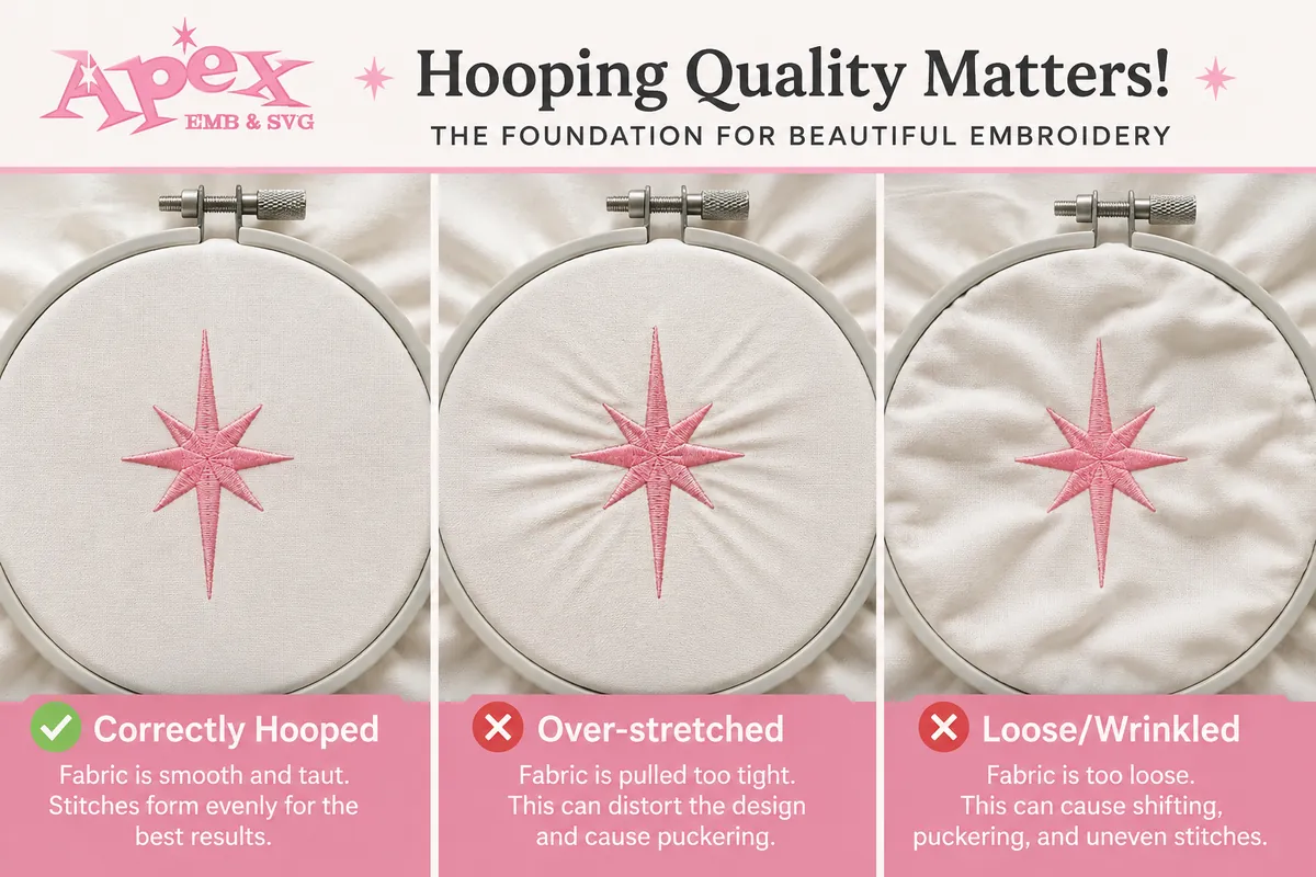 Correctly hooped fabric compared with over-stretched and loose fabric for machine embroidery applique