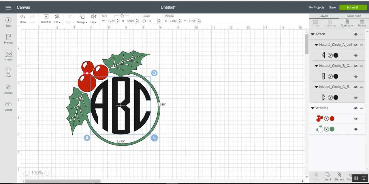 Natural Circle monogram letters ABC centered inside a holly wreath SVG frame in Cricut Design Space