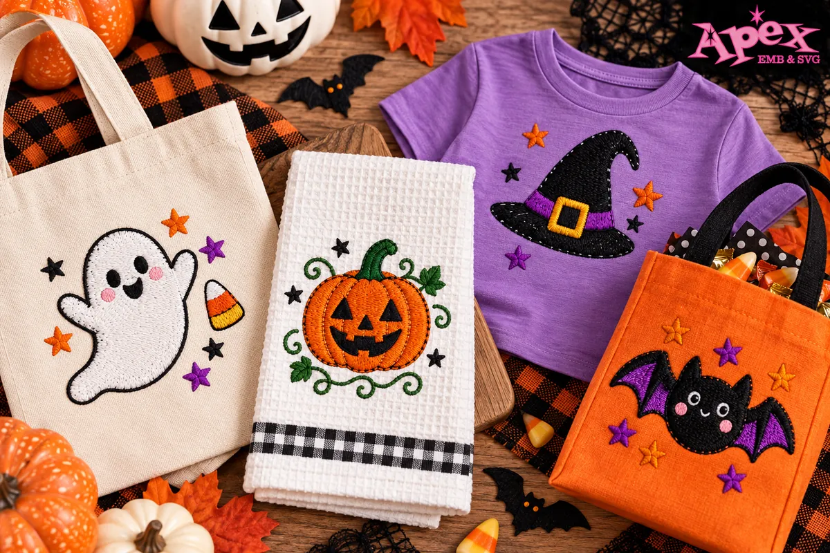 Cute and spooky Halloween machine embroidery designs with ghosts, pumpkins, bats and witch motifs