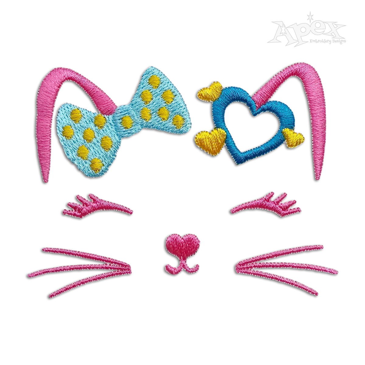 Cute Cat Face with Bow Machine Embroidery Design by Apex
