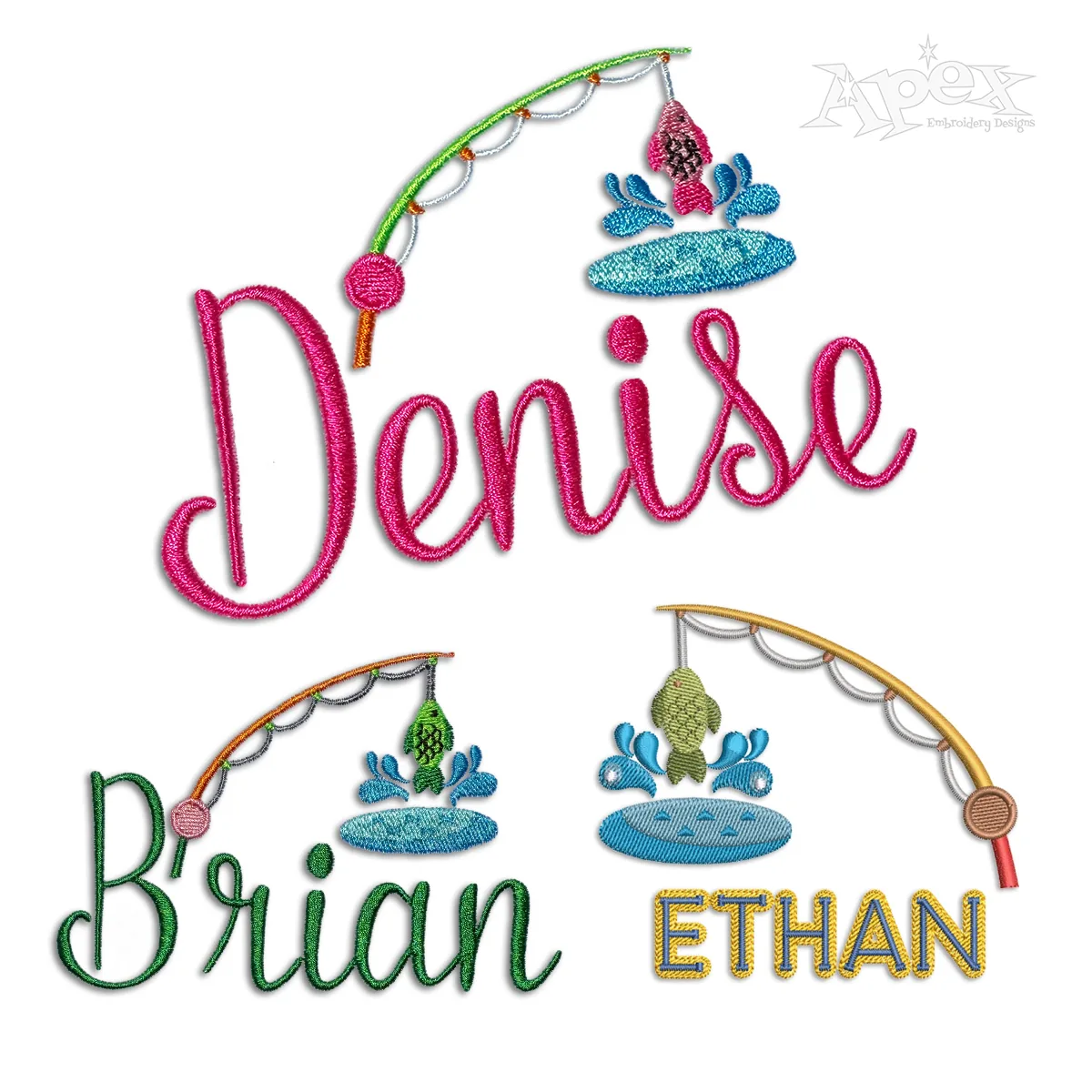 Cute Fishing Rod and Fish Machine Embroidery Design by Apex