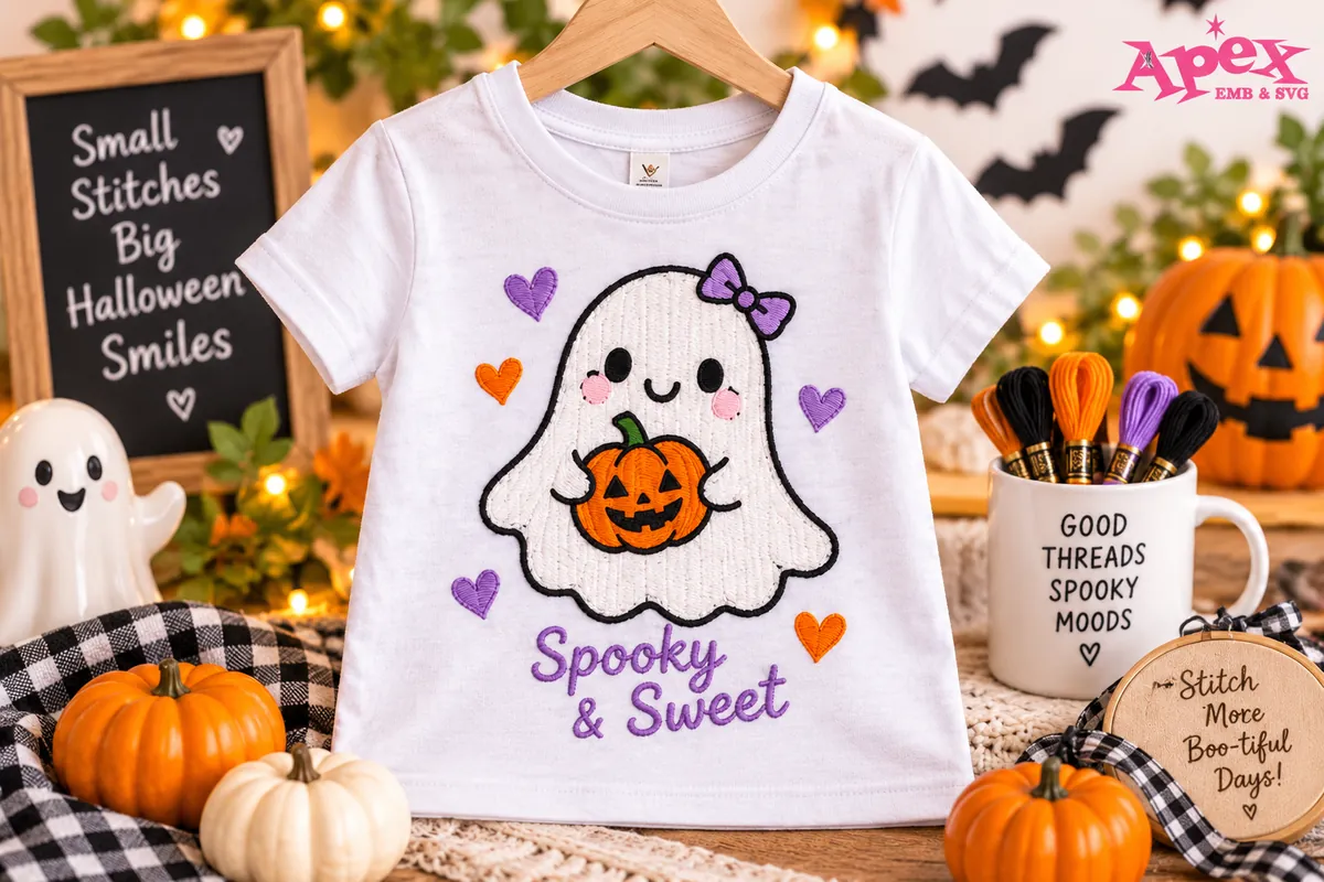 Cute ghost embroidery design with pumpkin and bow on a kids Halloween T-shirt