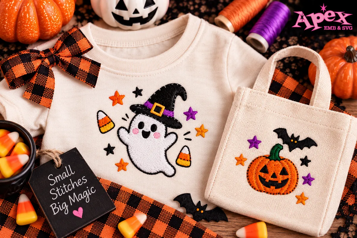 Cute ghost machine embroidery design for a Halloween shirt and tote bag