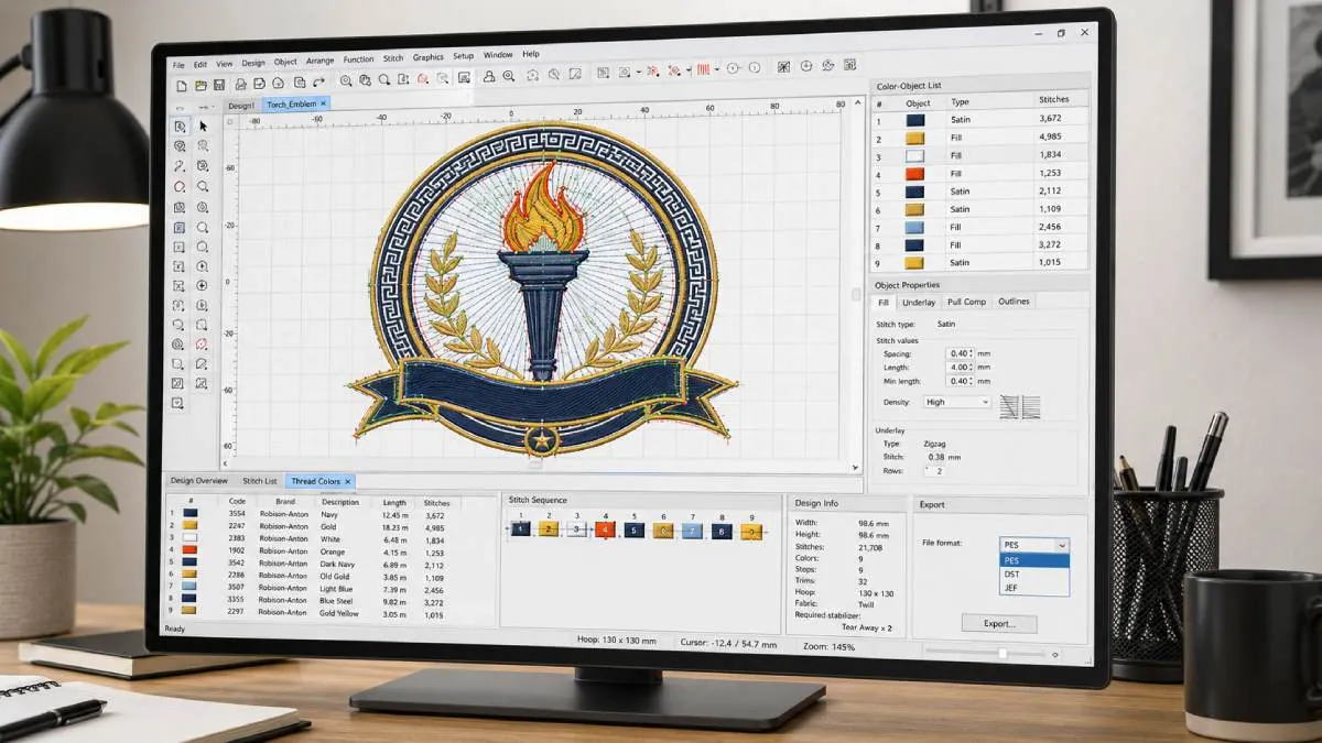 Digitizing controls stitch direction, density, trims, underlay, and how the logo behaves on fabric.