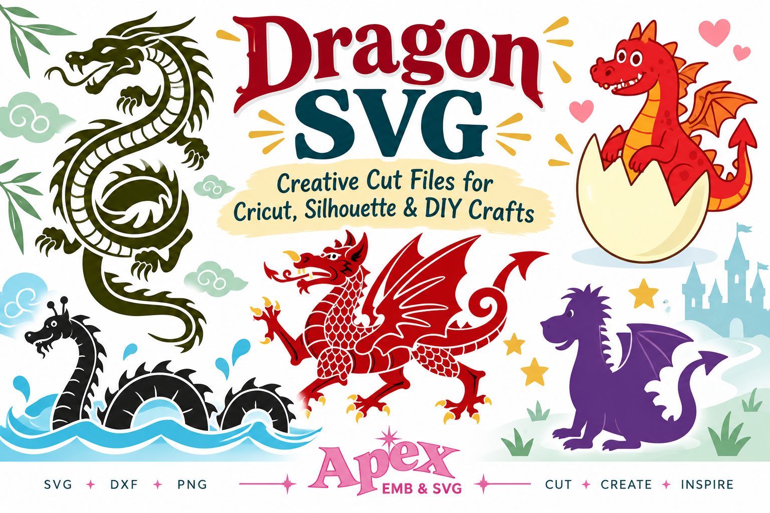 Dragon SVG cut files for Cricut, Silhouette and DIY crafts by Apex Embroidery Designs