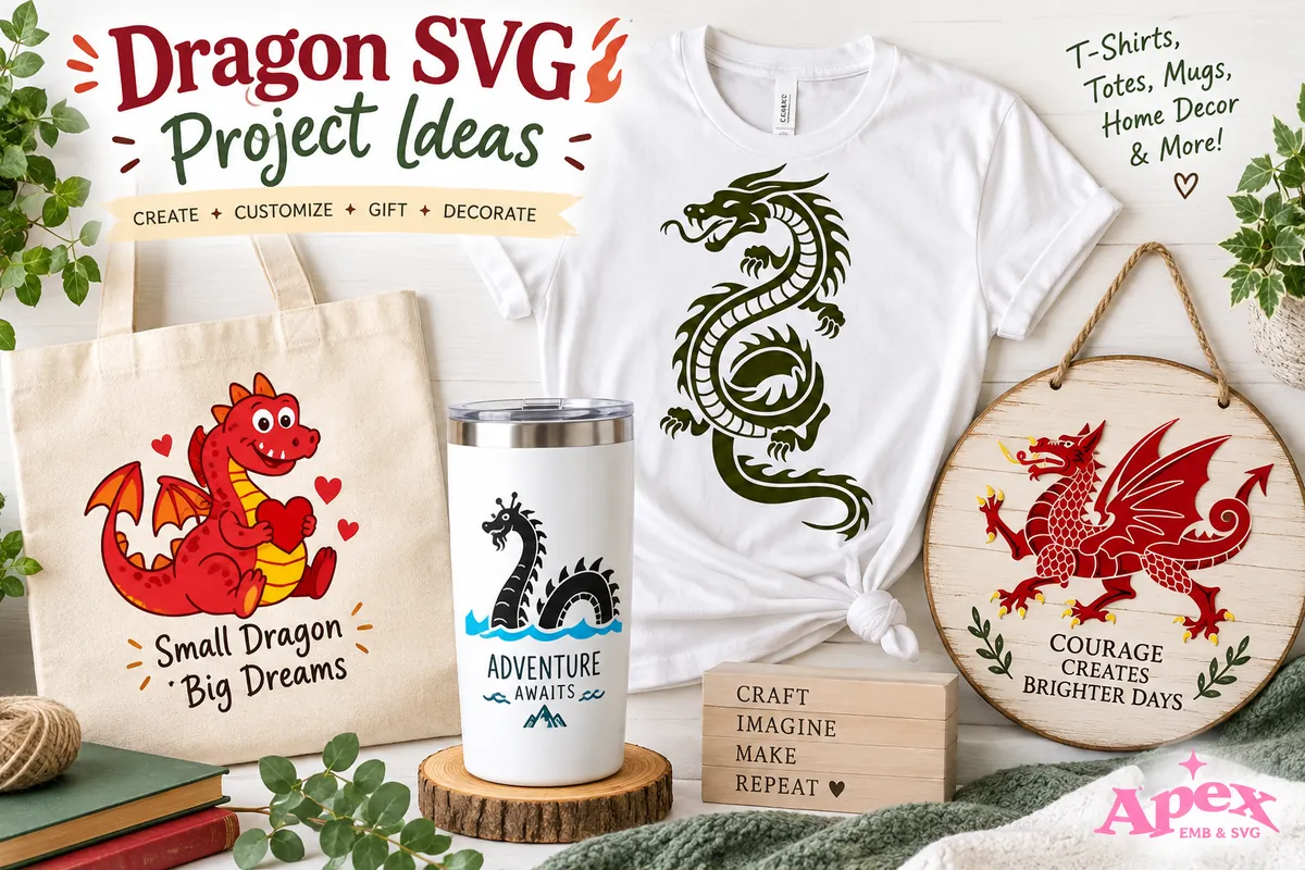 Dragon SVG craft project ideas for T-shirts, tote bags, tumblers and wall decor
