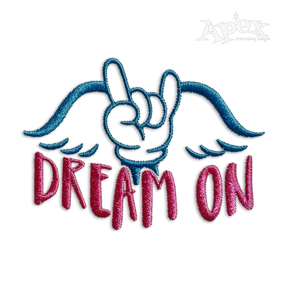 Dream On Dream On Dream till your Dreams Come True 70's Lyric Cartoon Hand with Wings Machine Embroidery Design by Apex