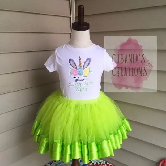 Personalized Easter unicorn bunny embroidery on a girl's t-shirt with a lime green tutu