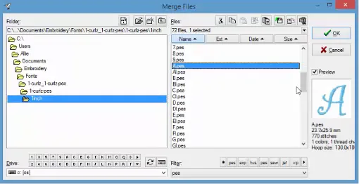 Embird Merge Files window showing a preview of the letter A from the Curlz embroidery font