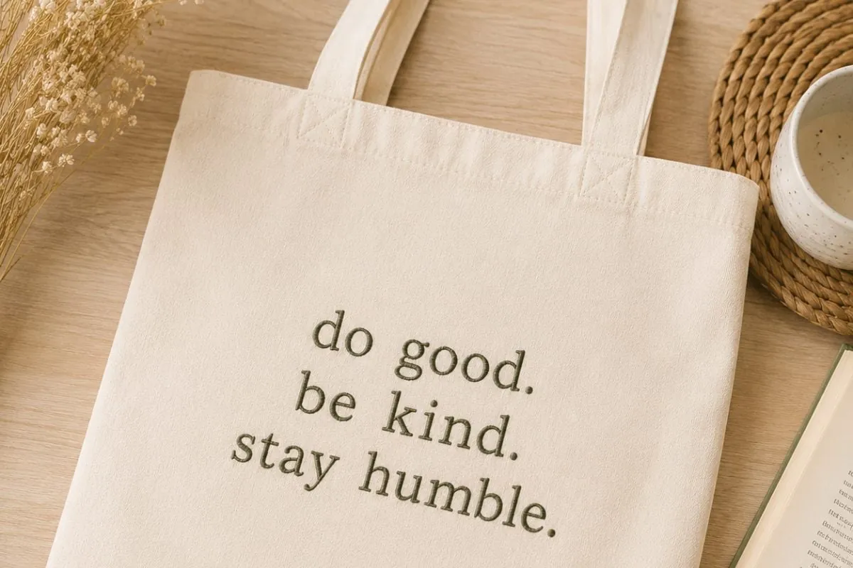 Embroidered Lettering and Quotes on the tote bags