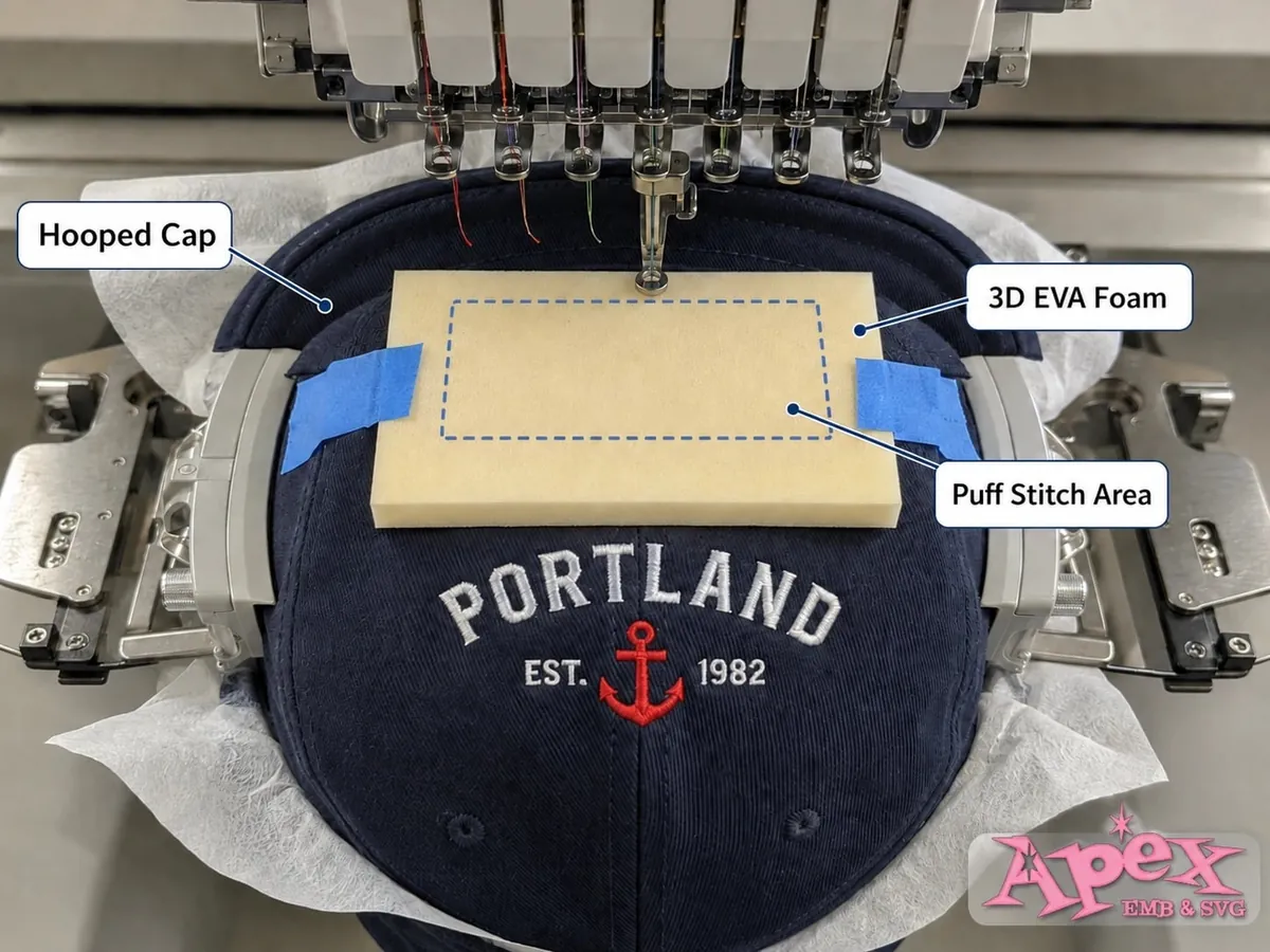 Embroidery machine with a hooped cap and EVA foam positioned over the puff stitch area.