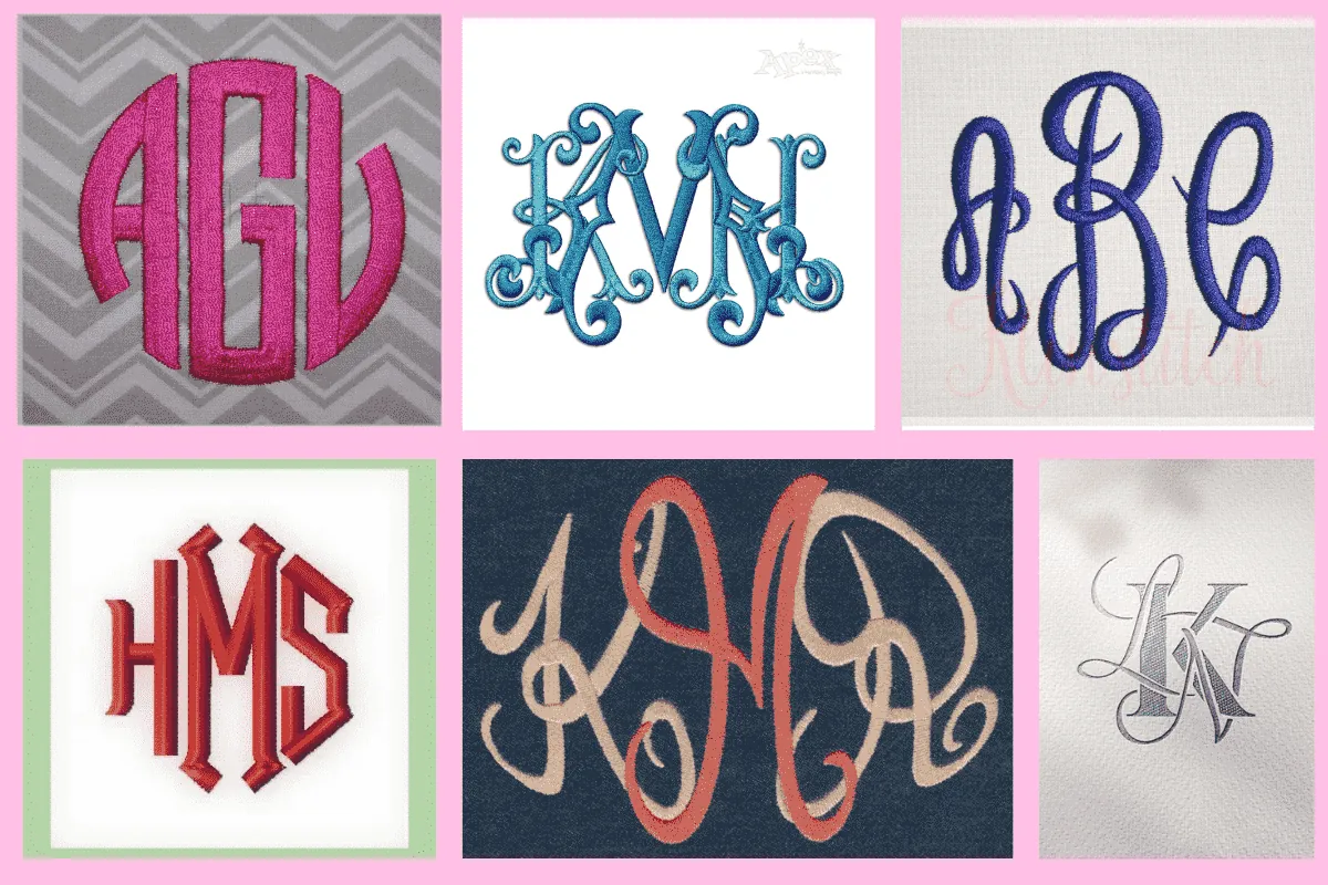 Embroidery of a three-letter monogram.