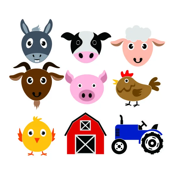 Farm Pack with Donkey Cow Sheep Goat Pig Hen Chicken Barn House and Tractor SVG Cuttable Design