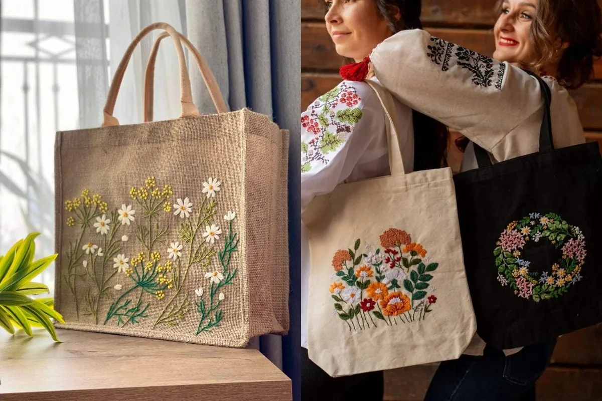 Floral and Botanical Embroidery on tote bags