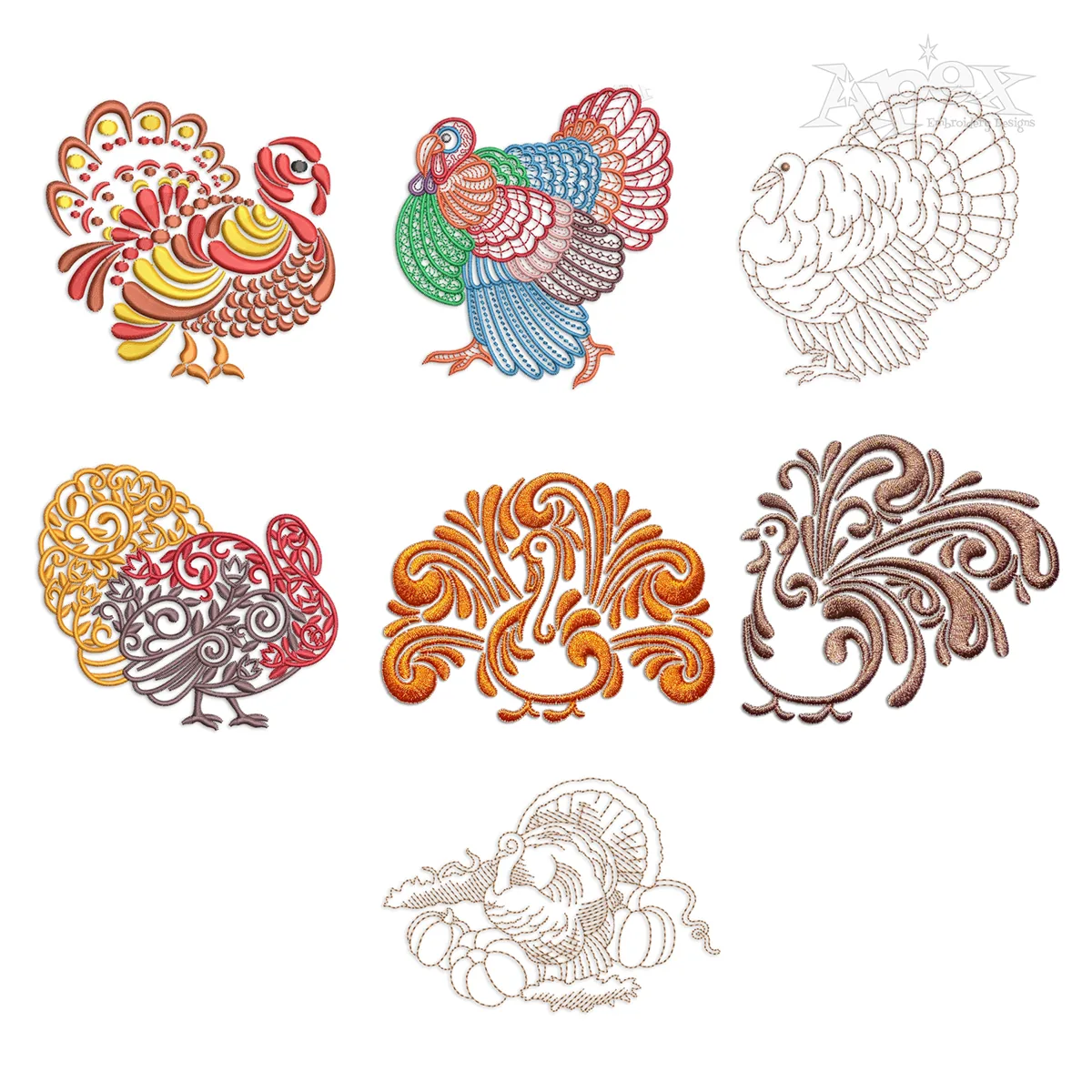 Floral Art Thanksgiving Turkey Pack Machine Embroidery Designs by Apex