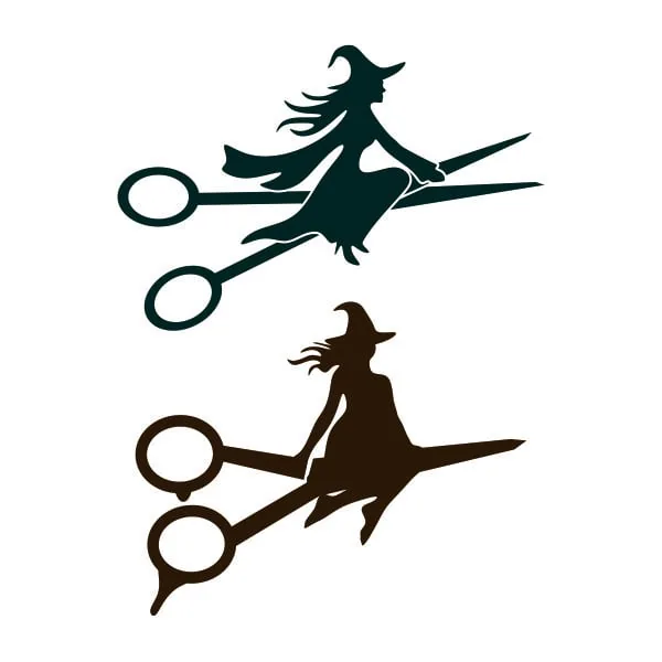 Two flying witch SVG silhouettes riding open hairdressing shears instead of a broom, in teal and brown