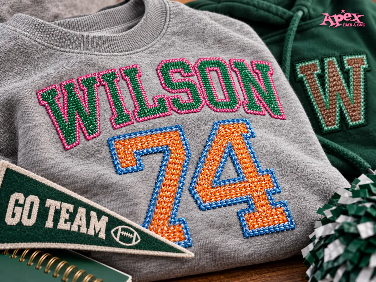 School initial and varsity name and number embroidery on gray and green school spirit sweatshirts