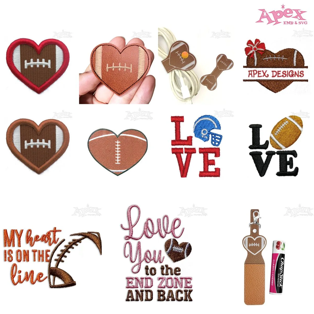Football Heart Embroidery Designs Bundle — 10 Designs, ITH & Frame Set