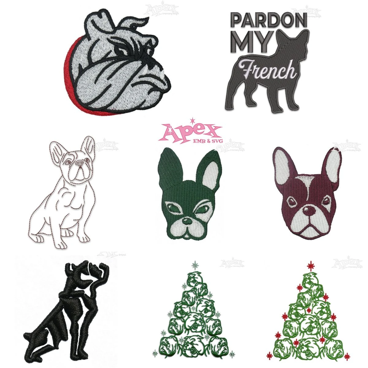 French Bulldog Embroidery Designs Bundle