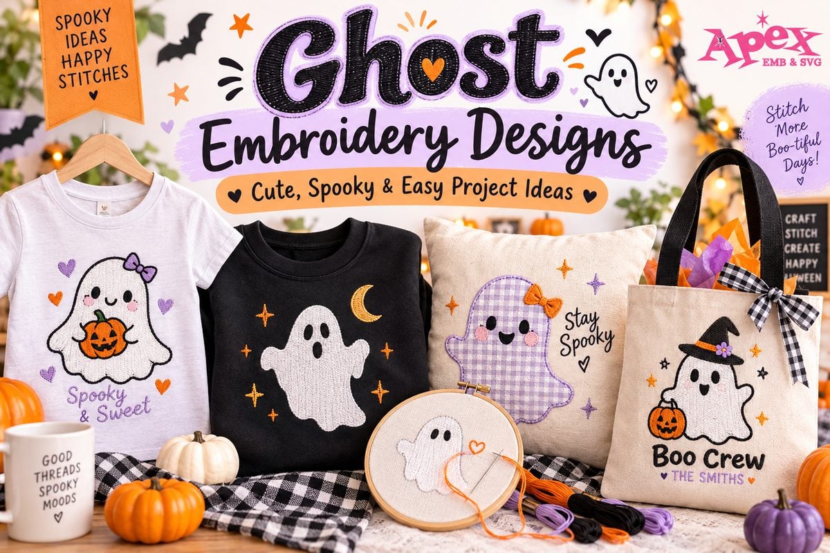 Ghost embroidery designs on Halloween shirts, sweatshirt, pillow and trick-or-treat bag