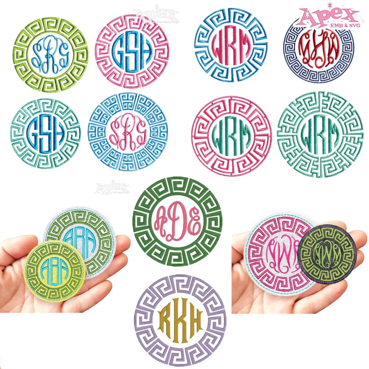 Greek Key Monogram Circle Frame Embroidery Designs Bundle