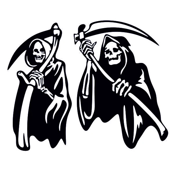 Two grim reaper SVG designs in black silhouette, hooded figures holding scythes