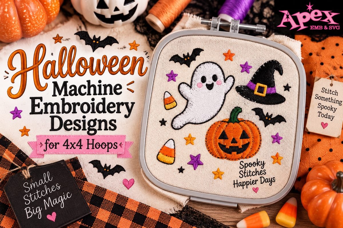 Halloween machine embroidery designs for 4x4 hoops featuring ghost, pumpkin and witch designs
