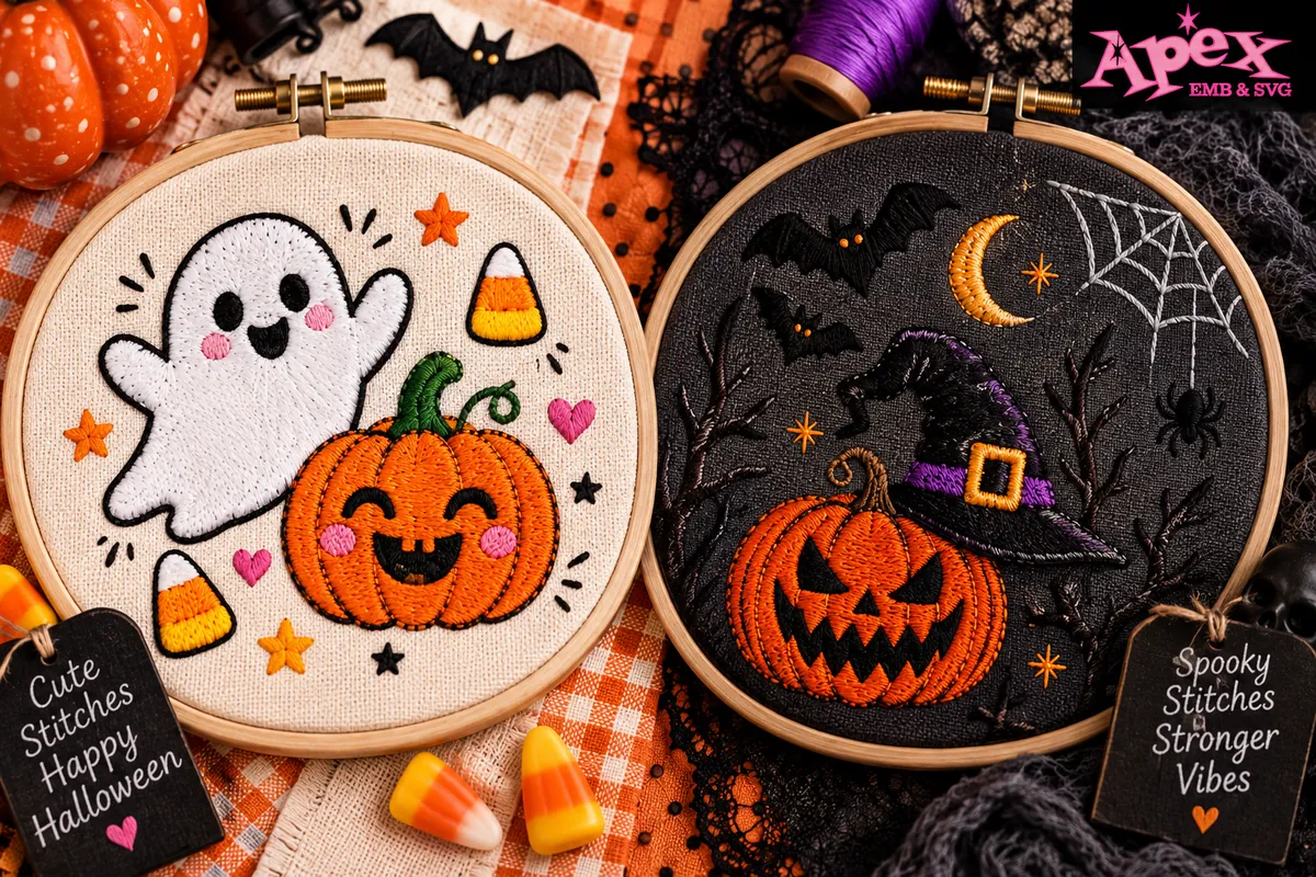Halloween pumpkin and jack-o-lantern machine embroidery designs for small hoops