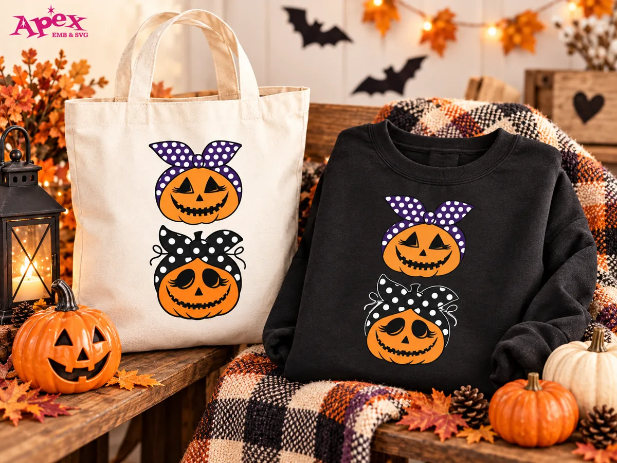 Jack-o'-lantern pumpkin SVG with polka dot bandanas on a canvas tote bag and black sweatshirt