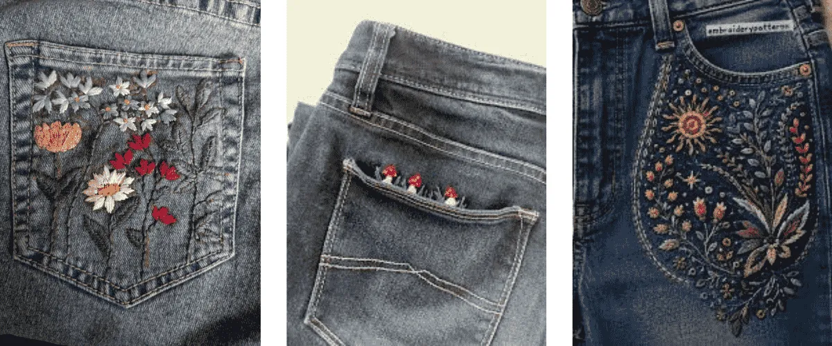 Hand-embroidered jean pocket designs