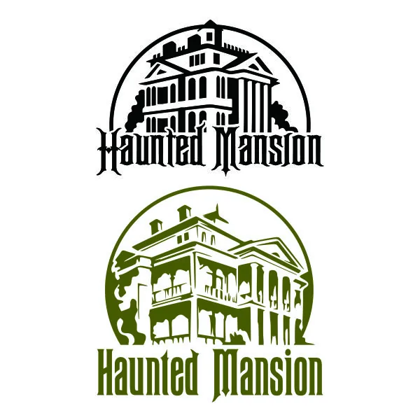 Two haunted mansion SVG designs with a gothic manor above a hand-lettered wordmark, one in black and one in olive