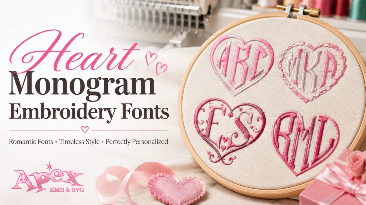 Heart monogram embroidery fonts by Apex displayed in pink embroidered heart designs