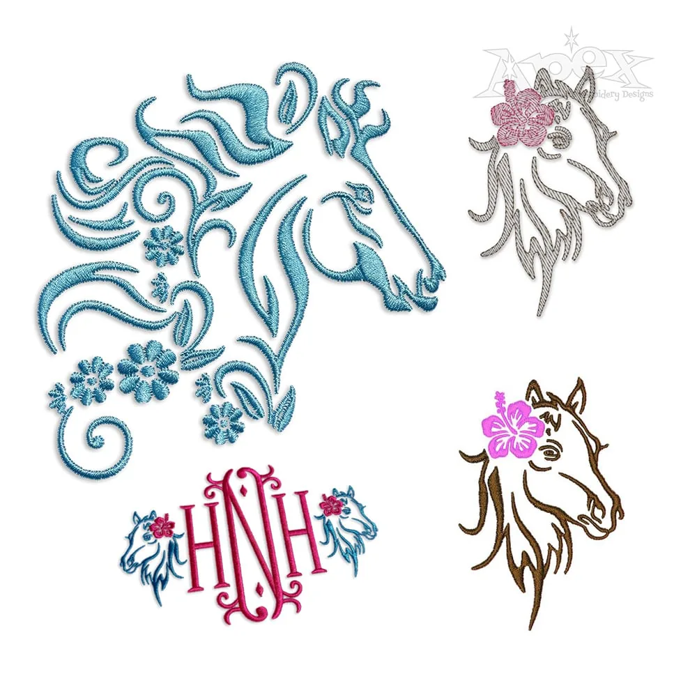 Hibiscus Flower Floral Horse Head Embroidery Designs by Apex