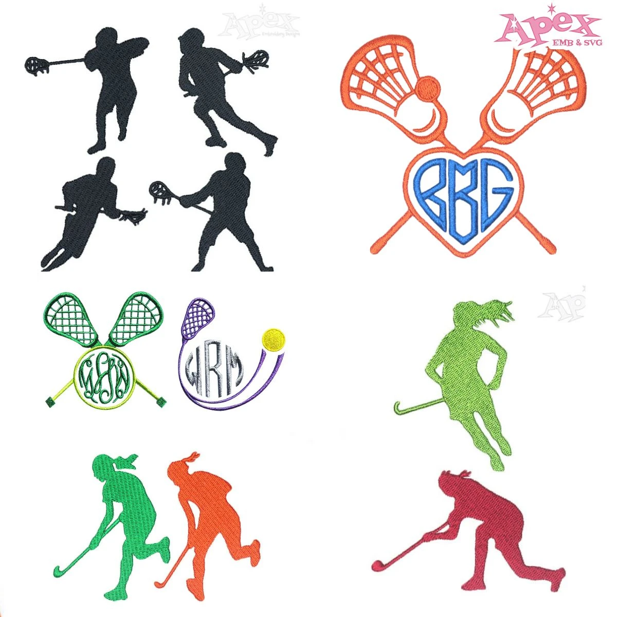 Lacrosse & Hockey Embroidery Designs Bundle — Silhouettes & Monogram Frames