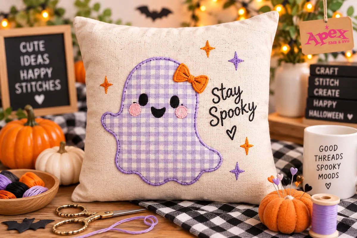 Lavender gingham ghost applique embroidery on a Halloween pillow with Stay Spooky lettering