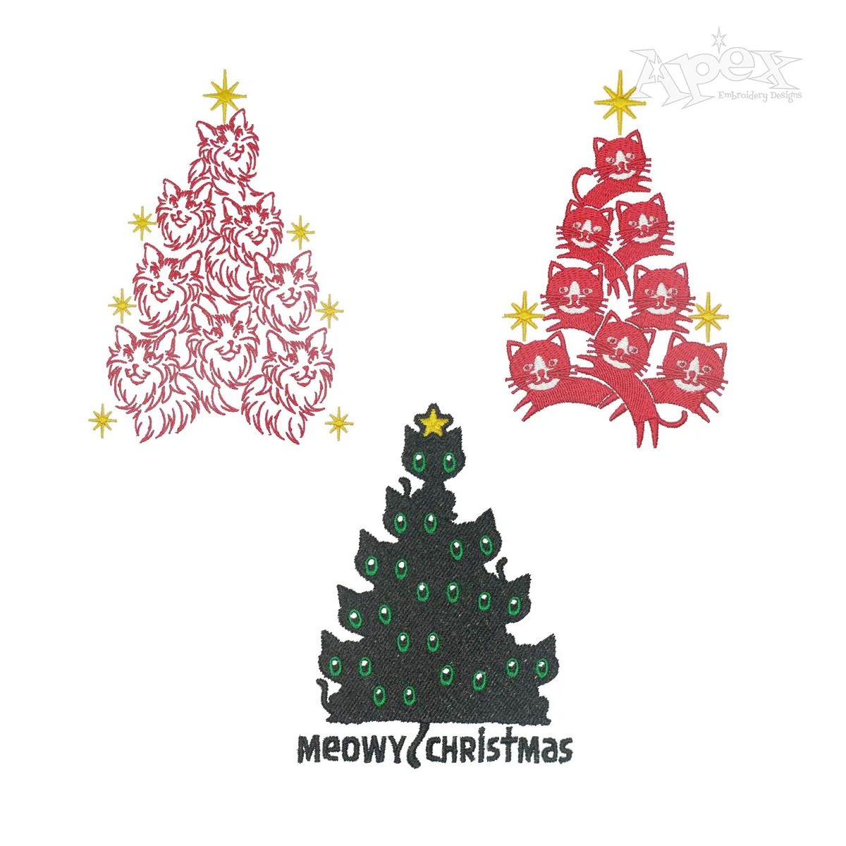 Meow Cat Christmas Tree Pack Machine Embroidery by Apex Designs