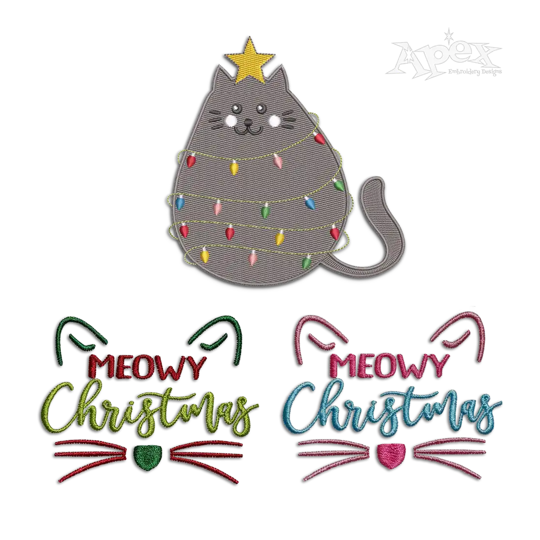 Meowy Christmas Cat Light String Bundle Machine Embroidery Designs Apex
