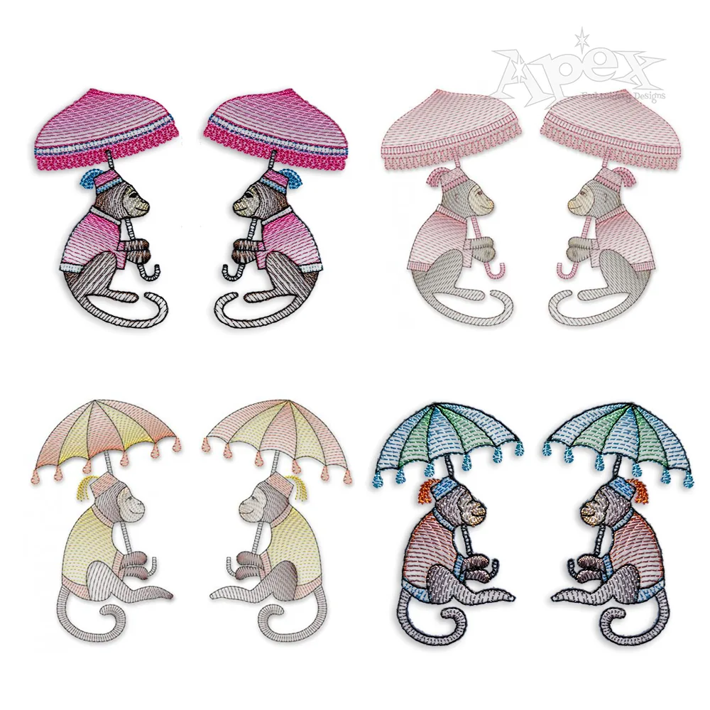 Monkey holding Umbrella Sketch Machine Embroidery Pack by Apex