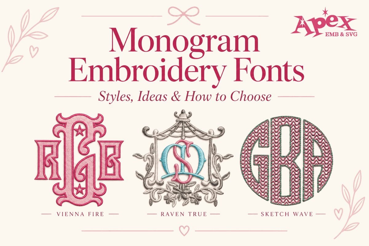 Monogram embroidery fonts styles guide featuring traditional interlocking and circle monogram designs