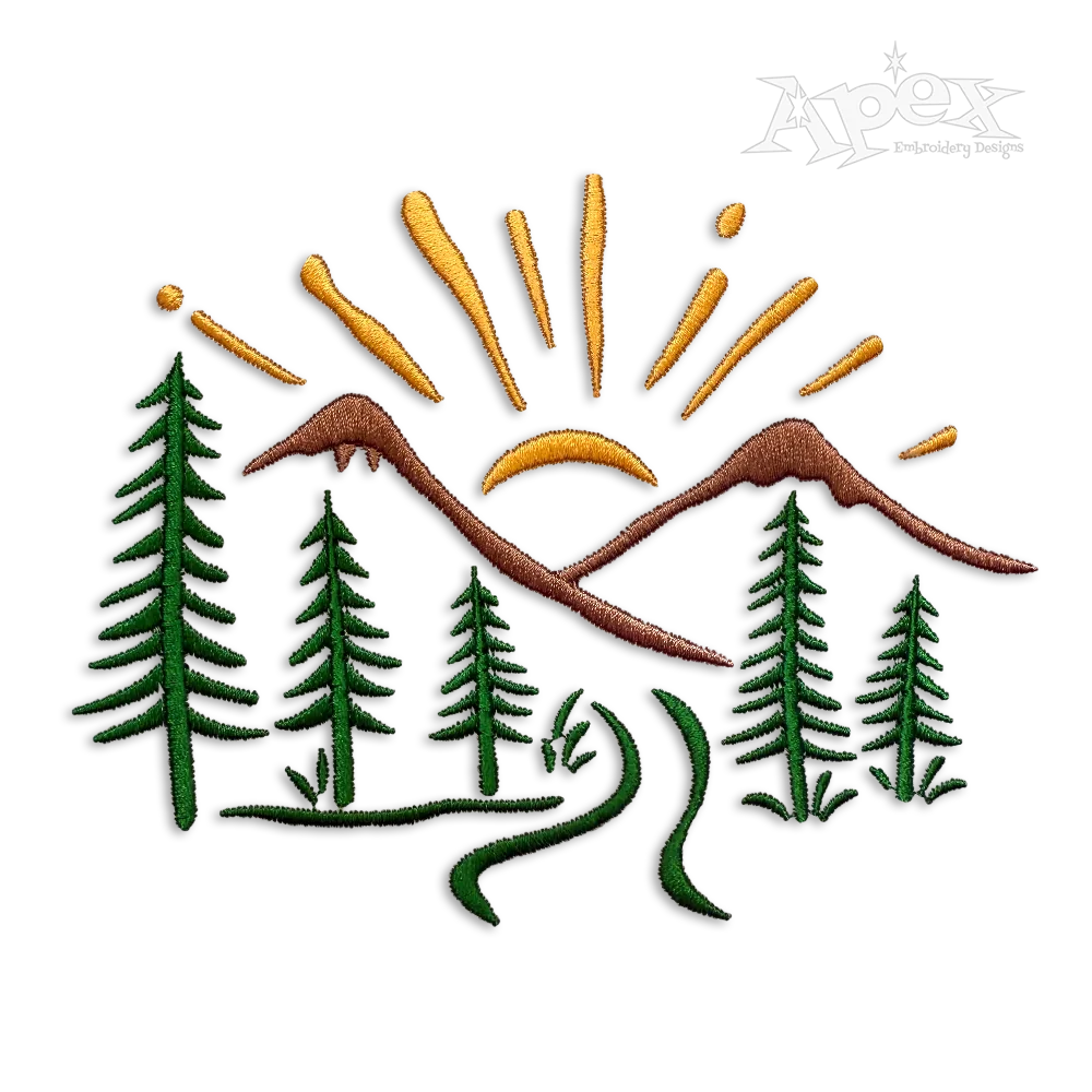 Mountain with Forest Scene Outline Machine Embroidery Design.