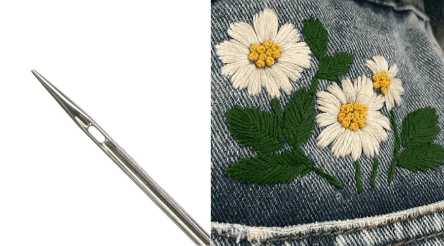 Needles used in embroidering jeans pockets.