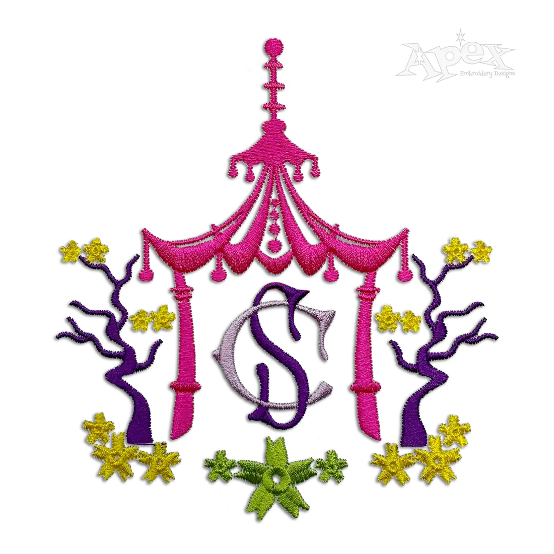 Pagoda Monogram Machine Embroidery Frames Digitized by Apex Art