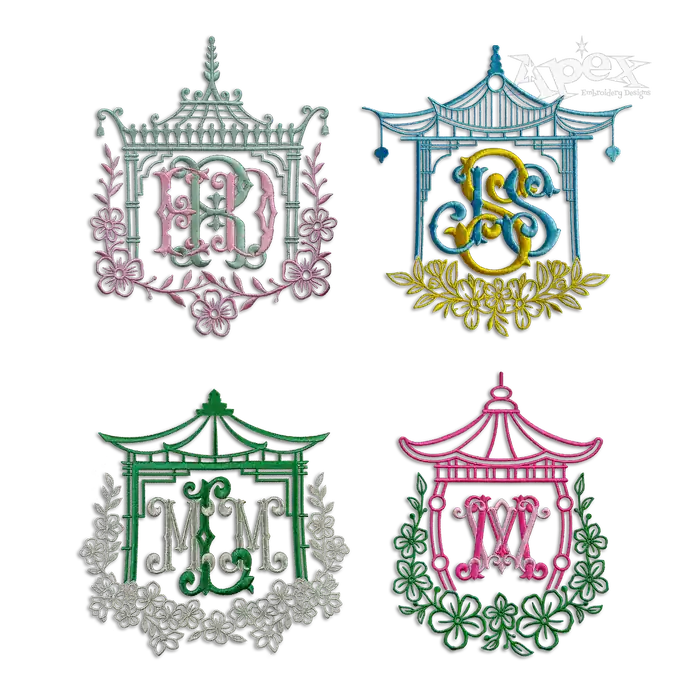 Pagoda Monogram Frames Machine Embroidery Design