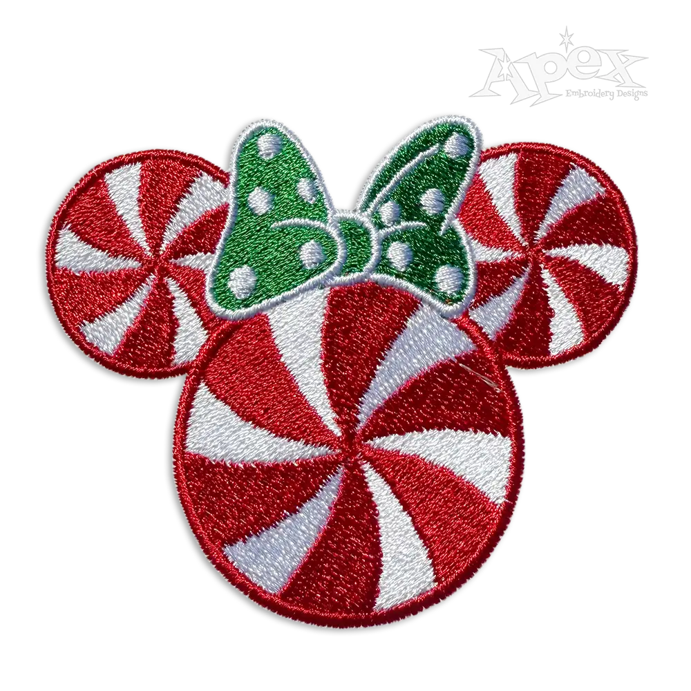 Christmas Peppermint Candy Mouse Head with Bow Embroidery Designs