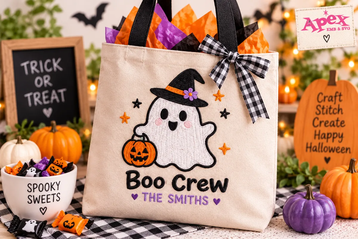 Personalized ghost embroidery on a Halloween trick-or-treat bag with Boo Crew lettering