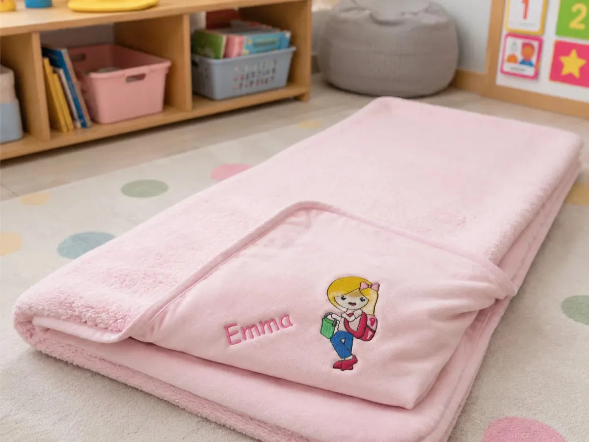 Personalized nap mat with light school-themed embroidery — a soft, practical idea for preschool, daycare, and kindergarten.