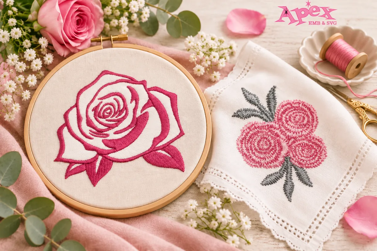 Pink rose embroidery designs displayed on linen fabric and embroidery hoop